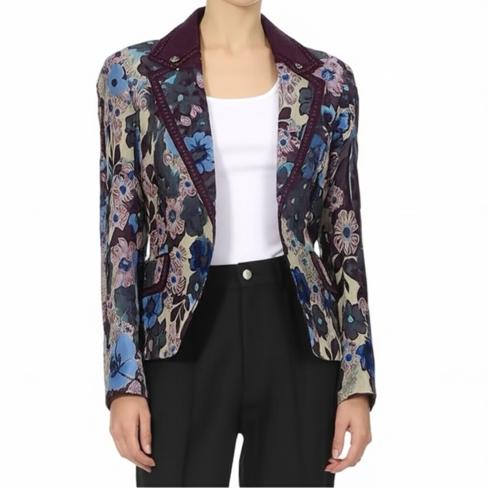 Kang Dong Hee Floral Brocade Blazer Jacket Purple Blue Art To Wear Small